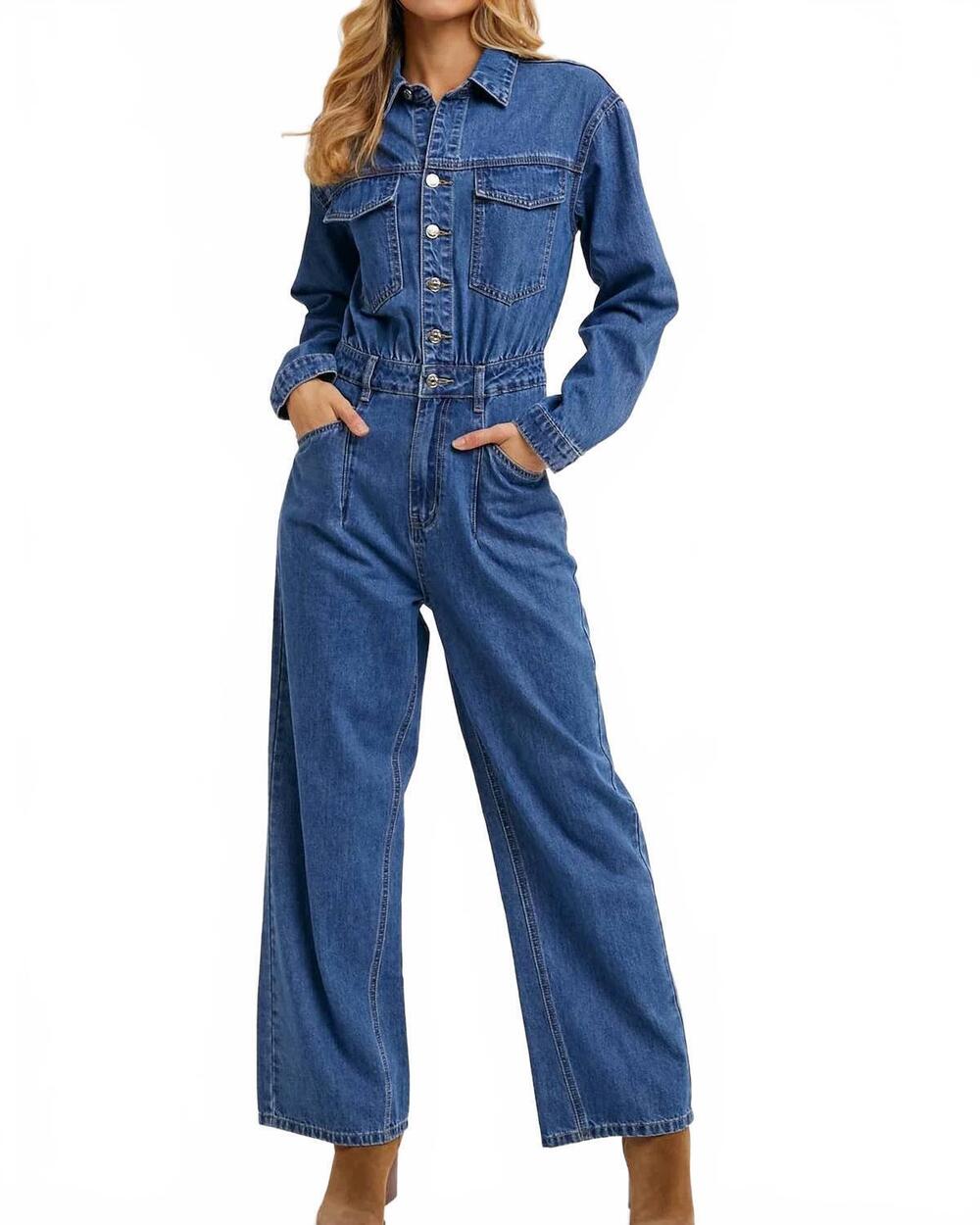 NEW BLUIVY button down denim straight leg jumpsuit in medium wash